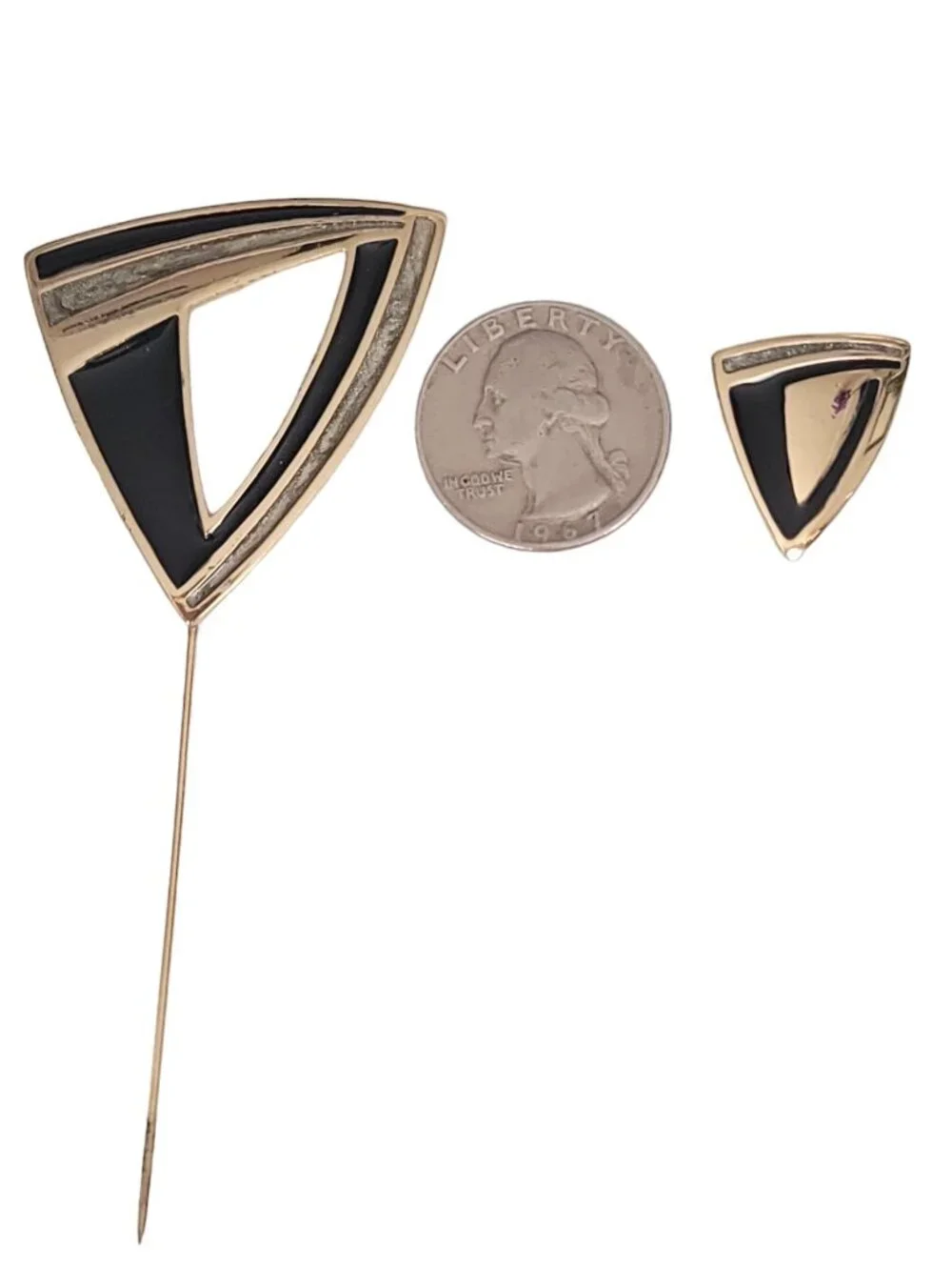 Trifari Black Gray Pearl Enamel Modernist Triangle Stick Lapel Pin, Signed K812